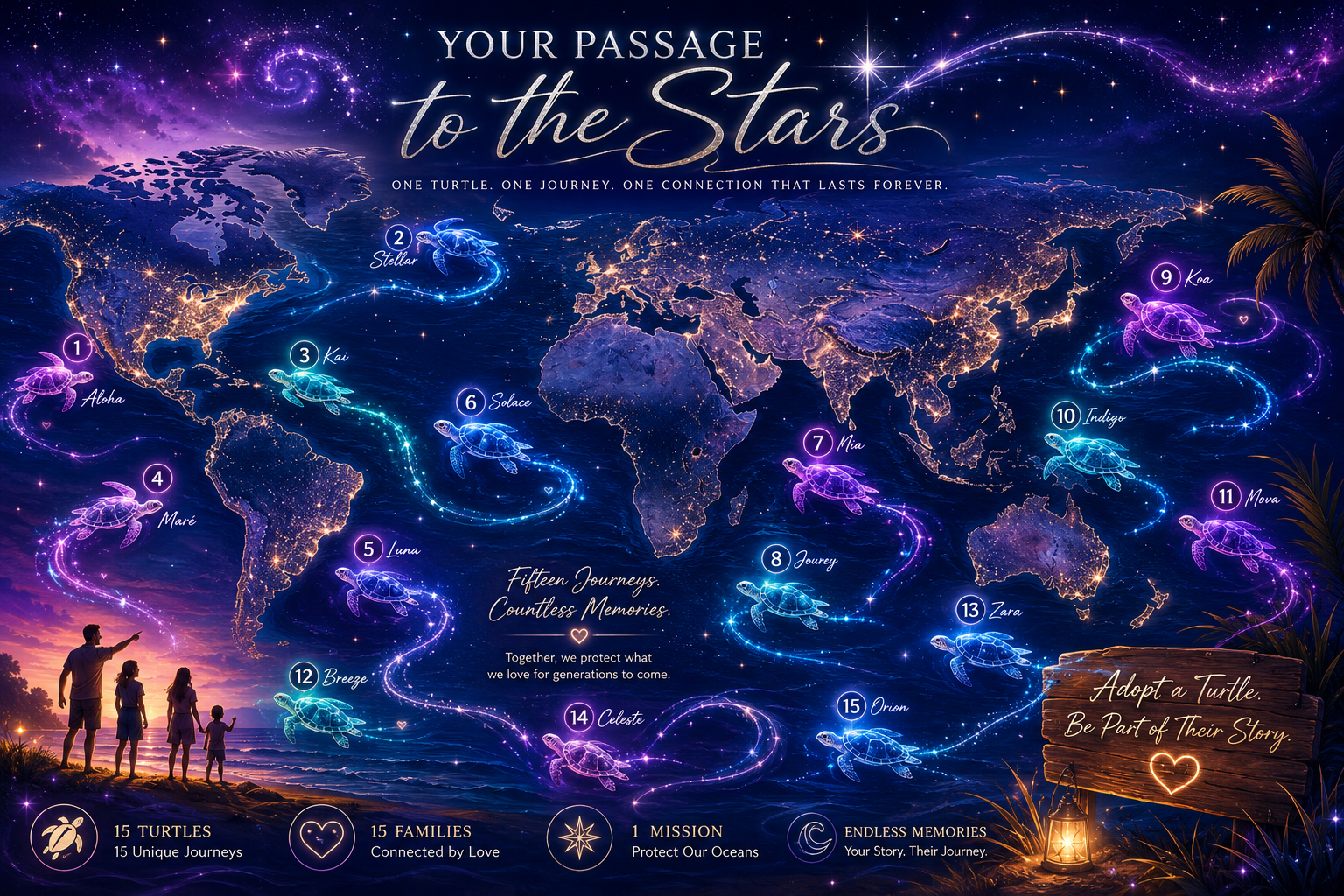 Cosmic ocean world map showing 15 glowing tracked sea turtles